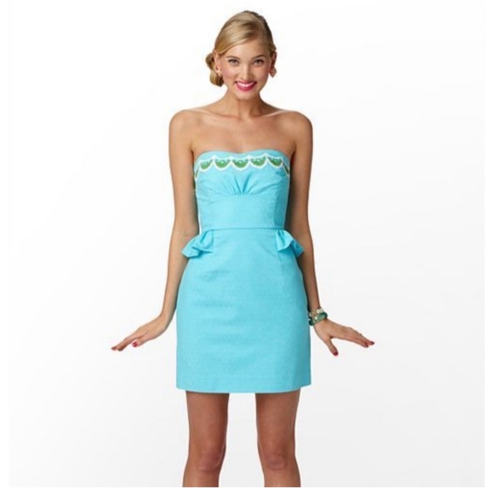 Lilly Pulitzer Blue Peplum Strapless Embroidered Mini Dress Size 2